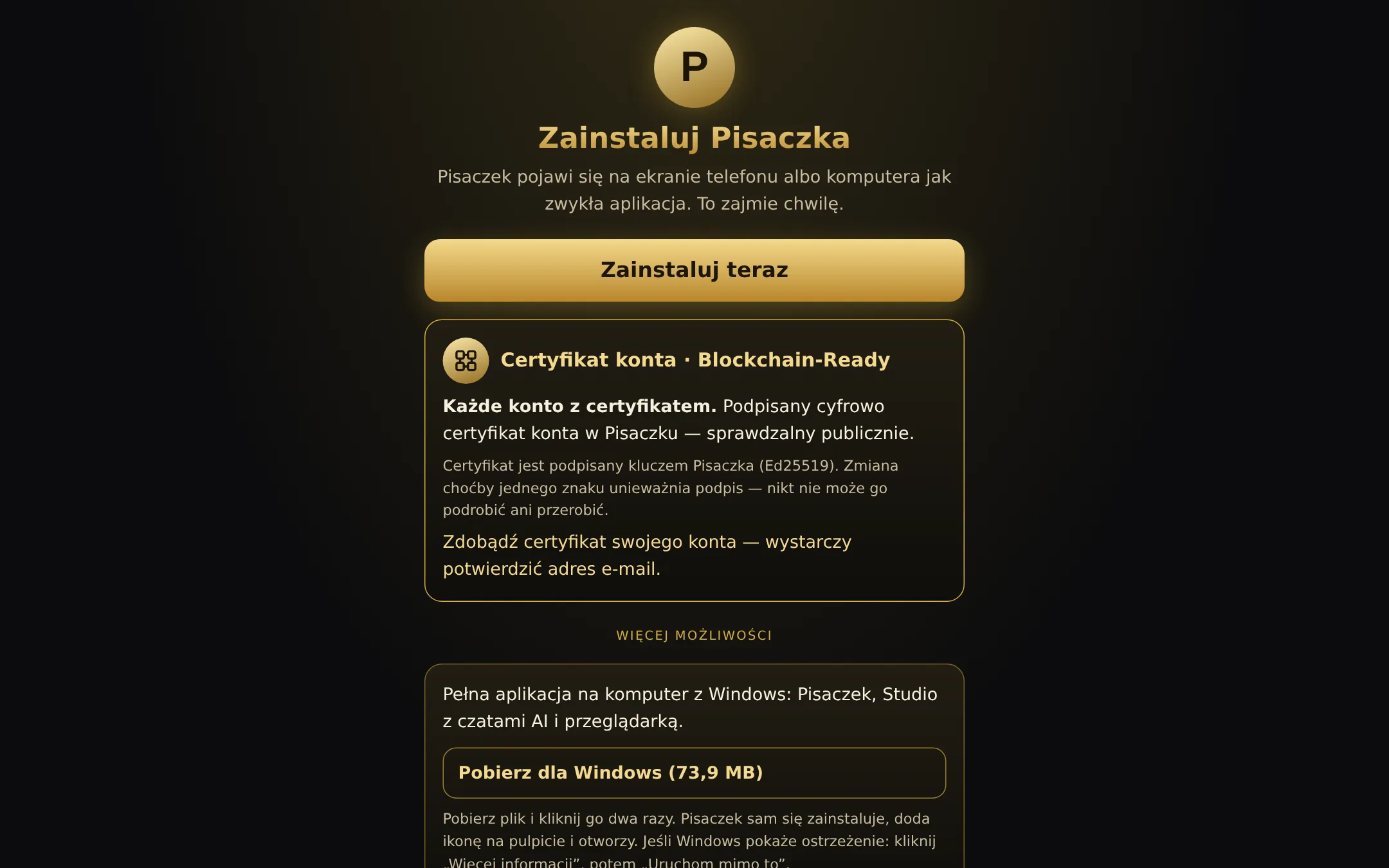 Strona pobierania aplikacji Pisaczek