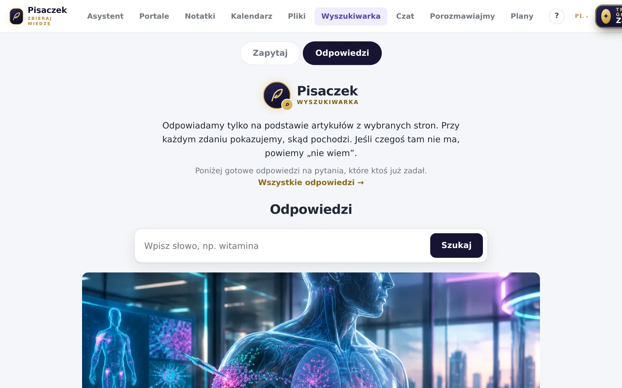 Wyszukiwarka — prawdziwy ekran aplikacji Pisaczek