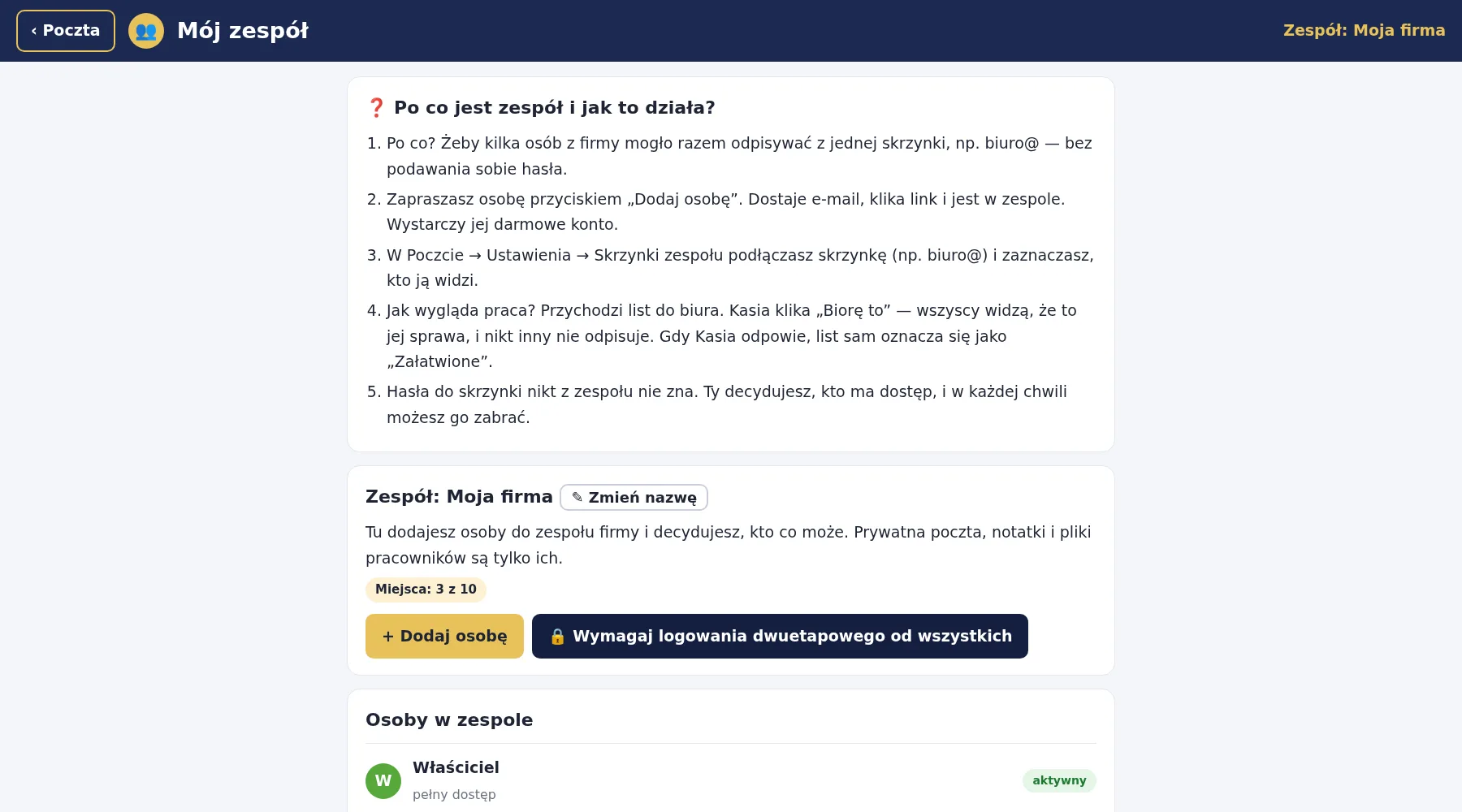 Zespół — prawdziwy ekran aplikacji Pisaczek